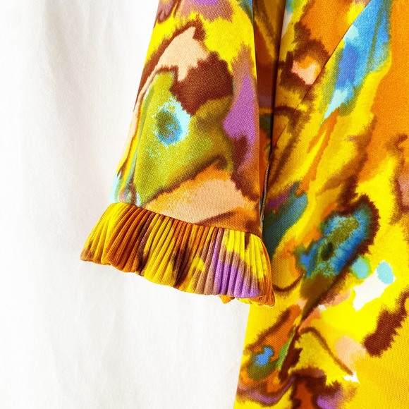 Vintage 70's Dress Abstract Ruffle Watercolor Yellow Quarter Sleeve Approx 12 - Picture 3 of 6